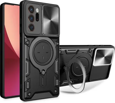 Produktbild von Handyhülle für Samsung Galaxy Note 20 Ultra Dual-Layer Stoßfest Rüstung Hülle mit Dia Kameraschutz und Kreisförmig Ring Ständer Schwarz