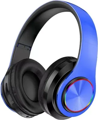 A close-up studio shot of a pair of blue and black over-ear headphones.