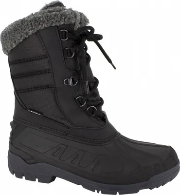 A single black winter boot is shown against a white background.
