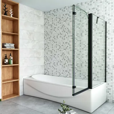 Produktbild von AICA 100cmx140cm Schwarz Badewannenaufsatz 6mm NANO ESG-glas mit 75cm Schwarz Seitenwand 2-teilig Faltwand Badewannenfaltwand Duschabtrennung Duschwand Trennwand