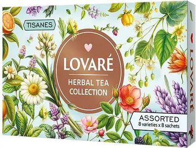 A box of Lovare Herbal Tea Collection with assorted varieties.
