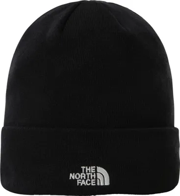 A black beanie with a white logo.