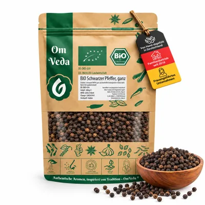 Produktbild von OmVeda BIO Schwarzer Pfeffer ganz 200 g – Pfefferkörner aus Indien