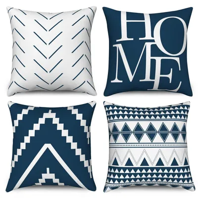Produktbild von Kissenbezüge Blau/Weiß 50x50 cm 4er Set Leinen Geometrisches Muster Boho Bauernhaus