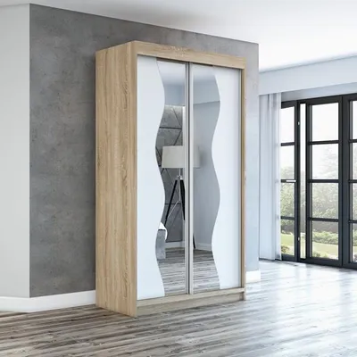 Produktbild von Schwebetürenschrank, 2-türig Schrank mit Spiegel! Moderne Garderobe für Kleidung. Verschiedene Farben (Weiß, Schwarz, Somona) Kleiderschrank RIMA 120 cm