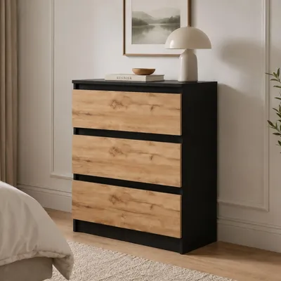 Obrázek produktu pro Komoda Home Collective s 3 zásuvkami | Komoda, skříňka, nábytek do ložnice nebo pokoje pro mládež | Moderní design bez úchytek | Černá barva "Craft Oak". Rozměry: 70 x 40 x 77 cm