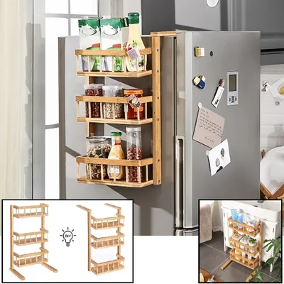 A multi-shelf storage rack is shown attached to a refrigerator, with smaller inset images showing alternative configurations and uses.