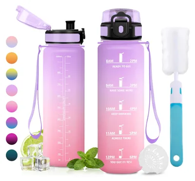 Produktbild von Trinkflasche 1L mit Zeitmarkierung und Filter, BPA-frei, Sportflasche für