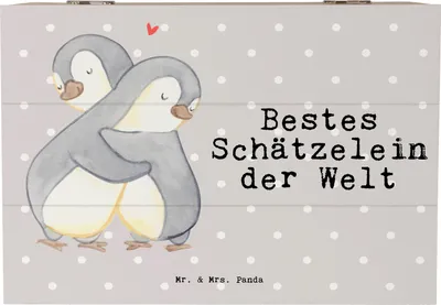Produktbild von Mr. & Mrs. Panda Holztruhe Pinguin Bestes Schätzelein der Welt 22 x 15 cm - Grau Pastell - Geschenk, Geschenkbox, fotobox, schmuckbox, Box, geschenkkiste, Kosename, Frau