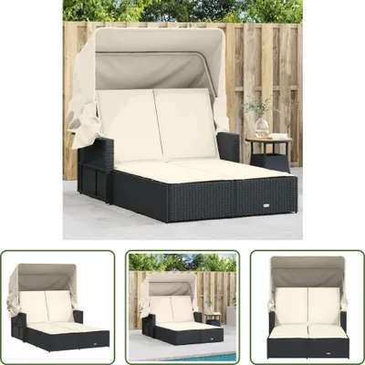 Produktbild von The Living Store Doppel-Sonnenliege mit Dach und Auflagen Schwarz Poly Rattan