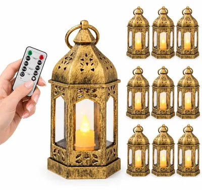 Mini LED-Laternen, 10er Set, gold/schwarz, flackernd, mit Fernbedienung