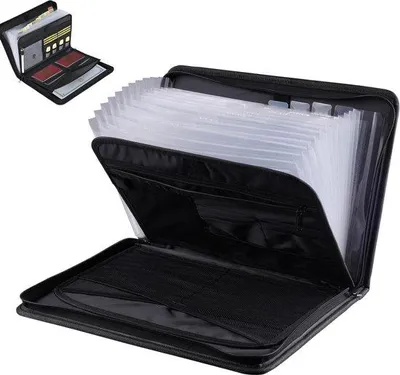 Produktbild von Dokumententas mit Feuerfeste Material, A4-Format, Reißverschluss, Laptop-Präsens, erweiterbar, 13 Kompartimente, Schrift auf schwarzen Etiketten.