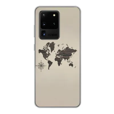 Produktbild von MuchoWow® Handyhülle Schutzhülle Hülle für Samsung Galaxy S20 Ultra Weltkarte - Holz - Braun Silikon Softcase Handy Hülle - Karteninhaber
