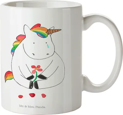 Produktbild von Mr. & Mrs. Panda Plastikbecher Einhorn Traurig - Weiß - Geschenk, Trinklernbecher, Einhörner, Trauer, Kunststoffbecher, Kinderbecher, Unicorn, Kindertasse, Blume, Pott