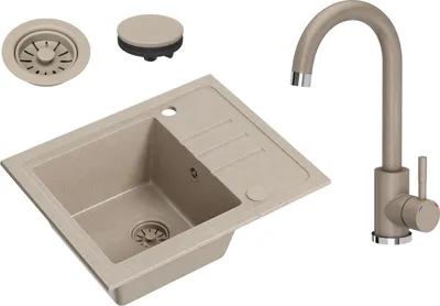 A beige granite kitchen sink and faucet set, along with a drain and stopper, are displayed against a white background.