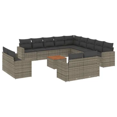 Image de Salon de jardin modulaire 14 pcs, résine tressée gris, coussins déhoussables polyester, table acacia, rangement intégré, résistant UV
