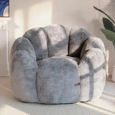 Obrázek produktu pro Velký sedací vak XXL ve tvaru květiny, potažený umělou kožešinou, šedé barvy, rozměry 105x105x78 cm
