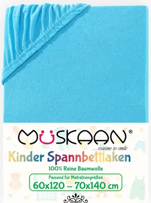 Produktbild von Müskaan Jersey Kinder Spannbettlaken 60x120 - 70x140 cm türkis bis 12cm Matratzenhöhe Gummizug Bettlaken 100% Baumwolle