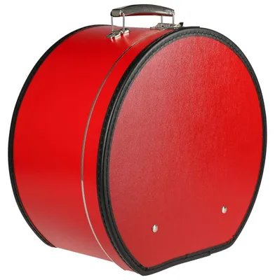 Produktbild von Runde, rote Hutschachtel – Maße: 40 cm x 21 cm – Große Hutschachtel aus Kunstleder – Aufbewahrungsbox für Hüte mit Griff und Druckknopfverschluss – Auch als Dekoration geeignet