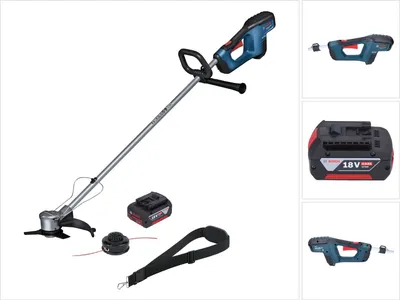 A cordless string trimmer and its accessories are displayed against a white background.