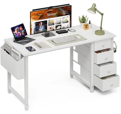 Computertisch 120 cm, 4 Stoffschubladen, umkehrbar, weiß