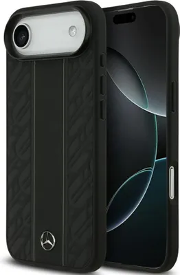 Immagine prodotto di Custodia iPhone 17 Air Mercedes in vera pelle nera con logo in metallo MagSafe