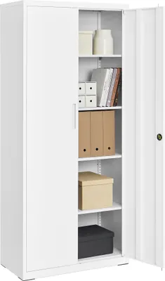 An open white metal cabinet with multiple shelves filled with various storage items.