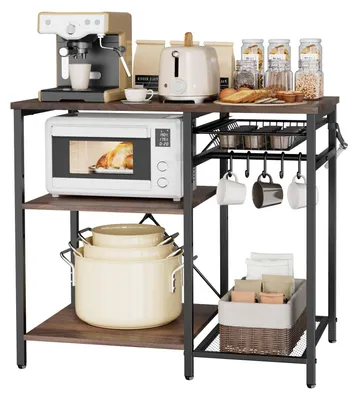 Zdjęcie produktu dla Półka kuchenna – półka piekarska/półka pod kuchenkę mikrofalową – wymiary 90 x 40 x 90 cm – wspornik w kształcie litery X – 5 haczyków w kształcie litery S – wielopoziomowe półki na naczynia i przyprawy – solidna metalowa rama