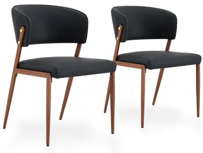Productafbeelding van Set van 2 eetkamerstoelen van kunstleer, met gestoffeerde rugleuning en metalen poten, zwart/bruin