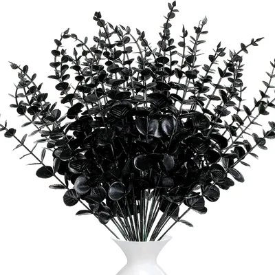 Produktbild von Künstliche Eukalyptus-Pflanzendekoration: 20 künstliche Eukalyptuszweige und -blätter für Hochzeiten, Partys, Heimdekoration, Tischdekoration und Blumenarrangements (schwarz).