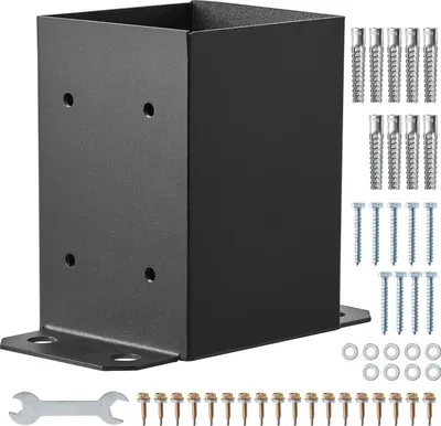 Obrázek produktu pro SucceBuy Základna sloupku 101,6 x 101,6 mm, sada 2 kusů, vnitřní rozměry 91 x 91 mm, robustní práškově lakované držáky pro ukotvení sloupku, matně černá dřevěná podpěra sloupku pro pavilónové zábradlí, odolná základová deska pro terasu