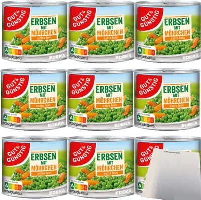Produktbild von Gut & Günstig Junge Erbsen mit Möhrchen extra fein 3er Pack (9x200g Dose) + usy Block
