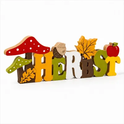 Holz-Herbstdeko mit Pilzen & Ahornblättern, 28×9×2,5 cm