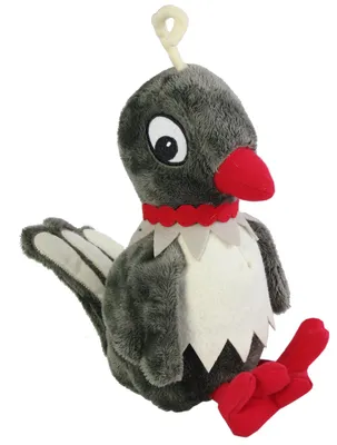 A plush toy of a bird character sitting against a white background.
