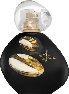 A black perfume bottle with gold accents and a clear cap.