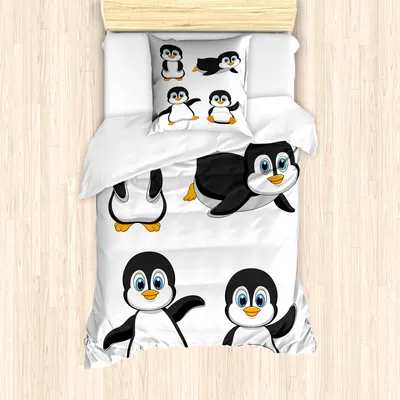Produktbild von ABAKUHAUS Baby Mantele, Penguin Cartoon-Spaß, Milbensicher Allergiker geeignet mit Kissenbezügen, 135 cm x 200 cm - 80 x 80 cm, Schwarz Blau Orange