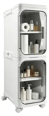 Image de Armoire de salle de bain étroite, à deux niveaux - Rangement pliable - Avec roulettes - Étagère amovible - Plastique PET - Blanc