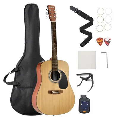 Zdjęcie produktu dla Gitara akustyczna VEVOR Dreadnought, 41 cali, 6-strunowa gitara naturalna z litym świerkowym topem, zestaw dla początkujących z gig bagiem, tunerem, paskiem, strunami, kostkami, kapo, palisandrową podstrunnicą, dla dorosłych, wyższych graczy