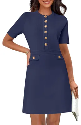 Produktbild von MEROKEETY Damen Geripptes Strickkleid Bodycon Knopf Kurzarm Rundhalsausschnitt E