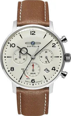 A close-up studio shot of a men's chronograph watch with a white dial and a brown leather strap.