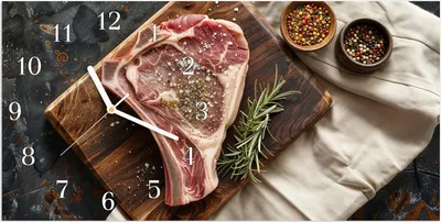 Produktbild von Wanduhr aus Glas mit Motiv Steakauf Holzbrett- 60 x 30 cm - inkl. Aufhängesystem