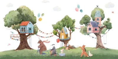 Produktbild von ESTAhome Fototapete Baumhausfest mit Tieren Grün, Blau und Weiß 400 x 279 cm