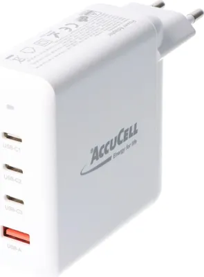 Zdjęcie produktu dla Ładowarka AccuCell 100 W GaN z 3 wyjściami USB-C i jednym wyjściem USB-A, maksymalna moc wyjściowa USB-C 100 W PD