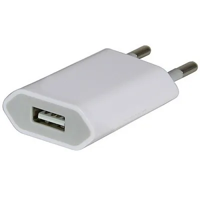 A white USB charger adapter with two European-style prongs on one end and a USB port on the other.