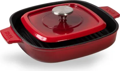 Produktbild von Woll "IRON" Steakpfanne mit Rillen, 24 x 24 cm, 4.5 cm hoch, Inkl. Steakpresse und Silikongriffe, Chili Red - Induktionsgeeignet
