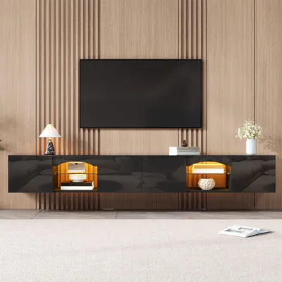 Image de Meuble TV laqué brillant avec 4 portes et 2 compartiments ouverts, meuble TV avec éclairage LED contrôlable via une application, meuble TV avec étagères en verre, couleur noire