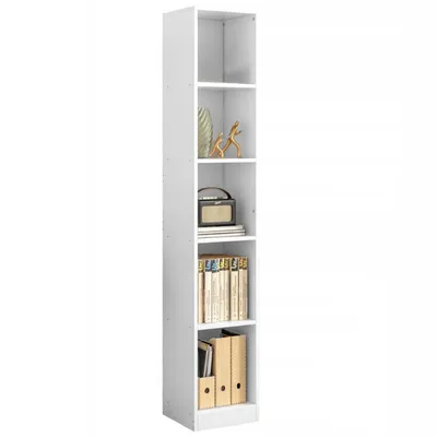 A tall, narrow white bookshelf with five shelves, each containing various decorative items and books.