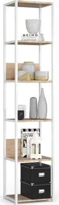 Produktbild von Bücherregal AKORD Metallregal mit Ebenen aus Holzwerkstoff Weiß Breite 40 cm 6 Ebenen Sonoma-Eiche B40 x H192 x T32 cm