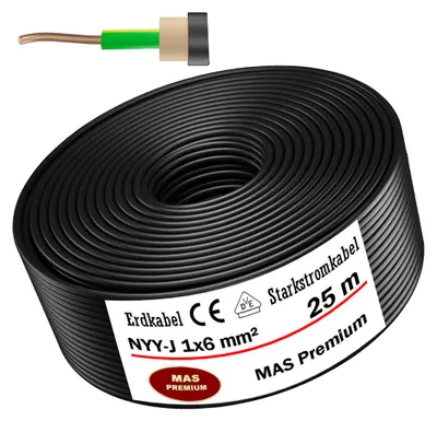 Image de 25m de câble de terre Câble de courant fort NYY-J 1x6 mm² Câble électrique OFC anneau