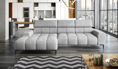 Zdjęcie produktu dla Narożnik tapicerowany w kształcie litery L lewy Narożnik z funkcją spania Sofa z funkcją spania mała 3-osobowa Regulowane zagłówki i siedzisko Tkanina: SALVADOR | 177x270x99 cm | Srebrny